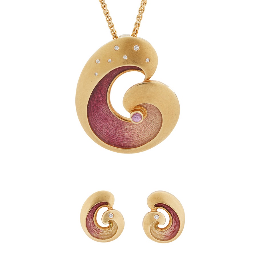 Lot 108 | An enamel, diamond and pink sapphire 'Wave' pendant, by Sheila Fleet (2) Length of pendant: 3.4cm | £800 - £1,200 + fees